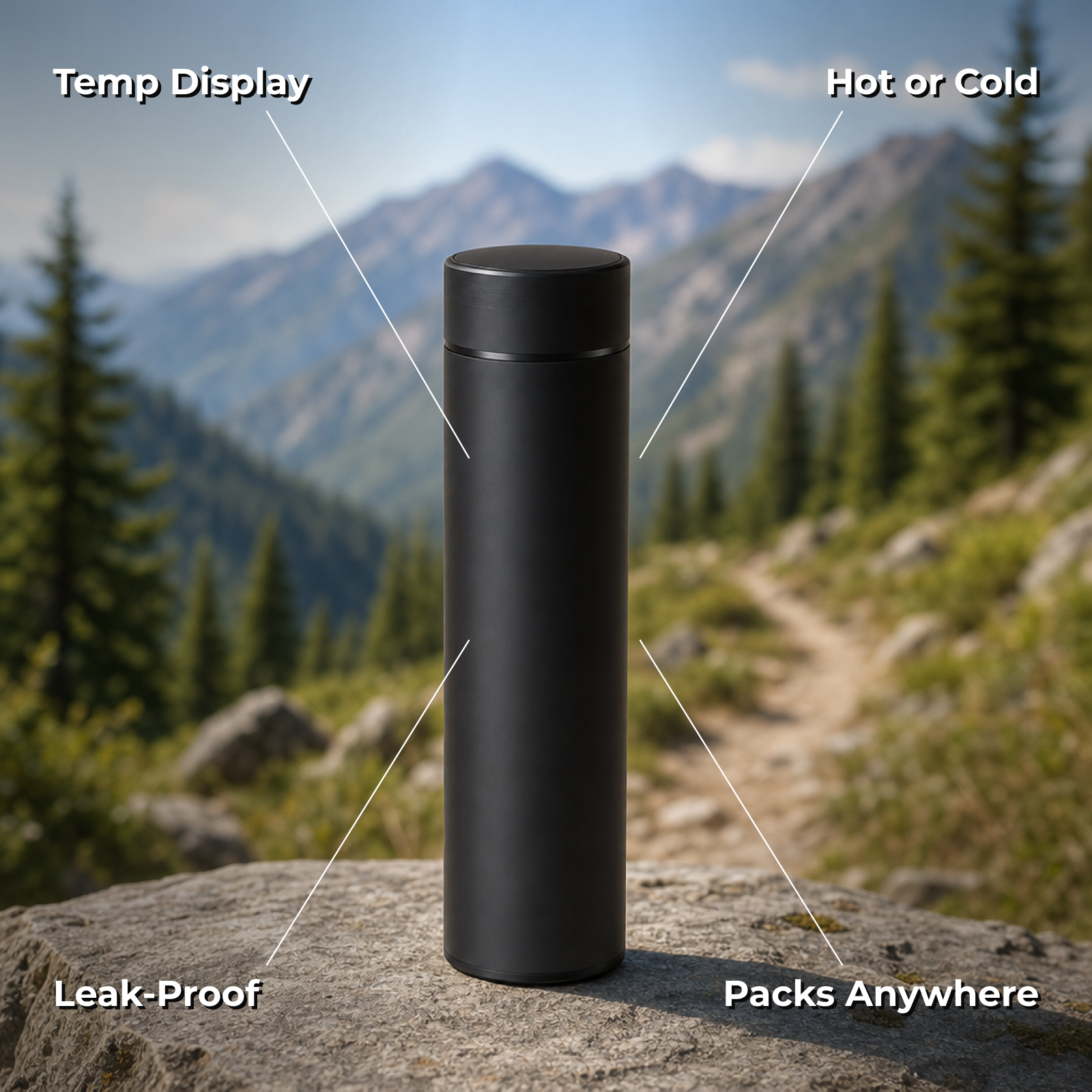 Tempix features: temp display, hot or cold, leak-proof, packs anywhere