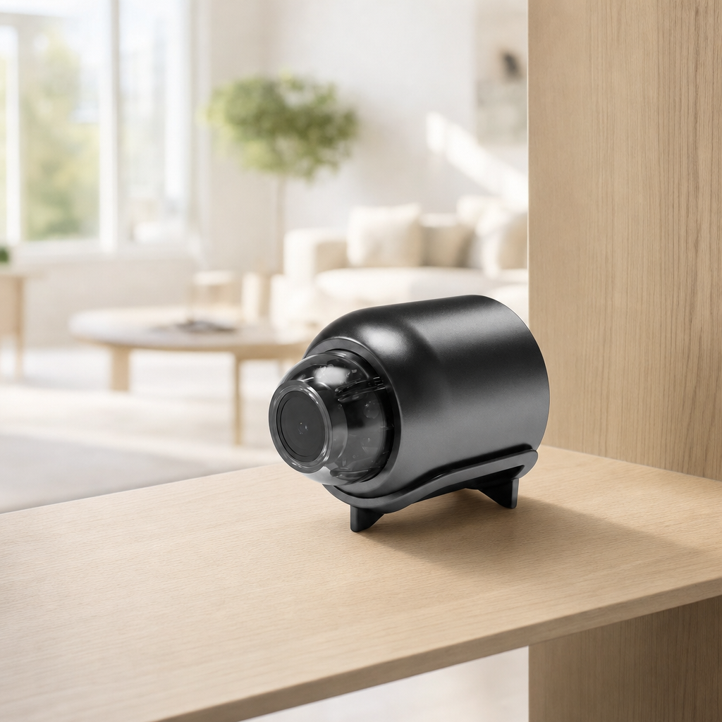 Nyxora camera on a living room shelf