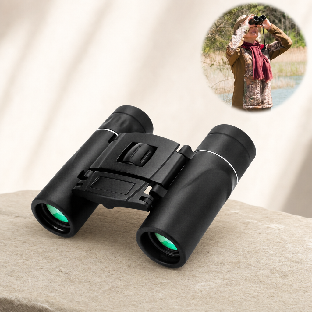 Vistora 40x22 HD compact binoculars on a sandstone ledge with usage inset