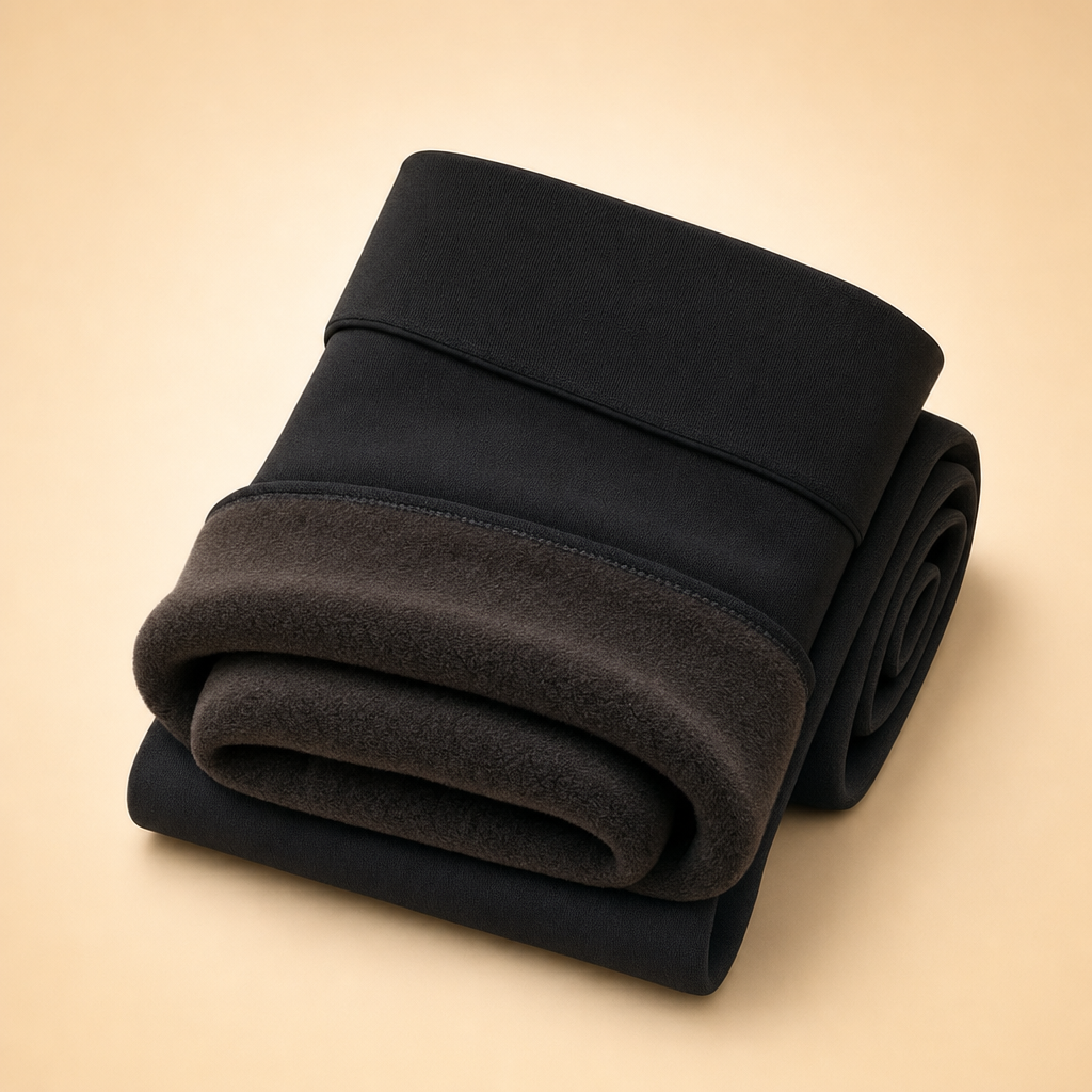 Legova fleece-lined thermal tights folded on a warm beige studio backdrop