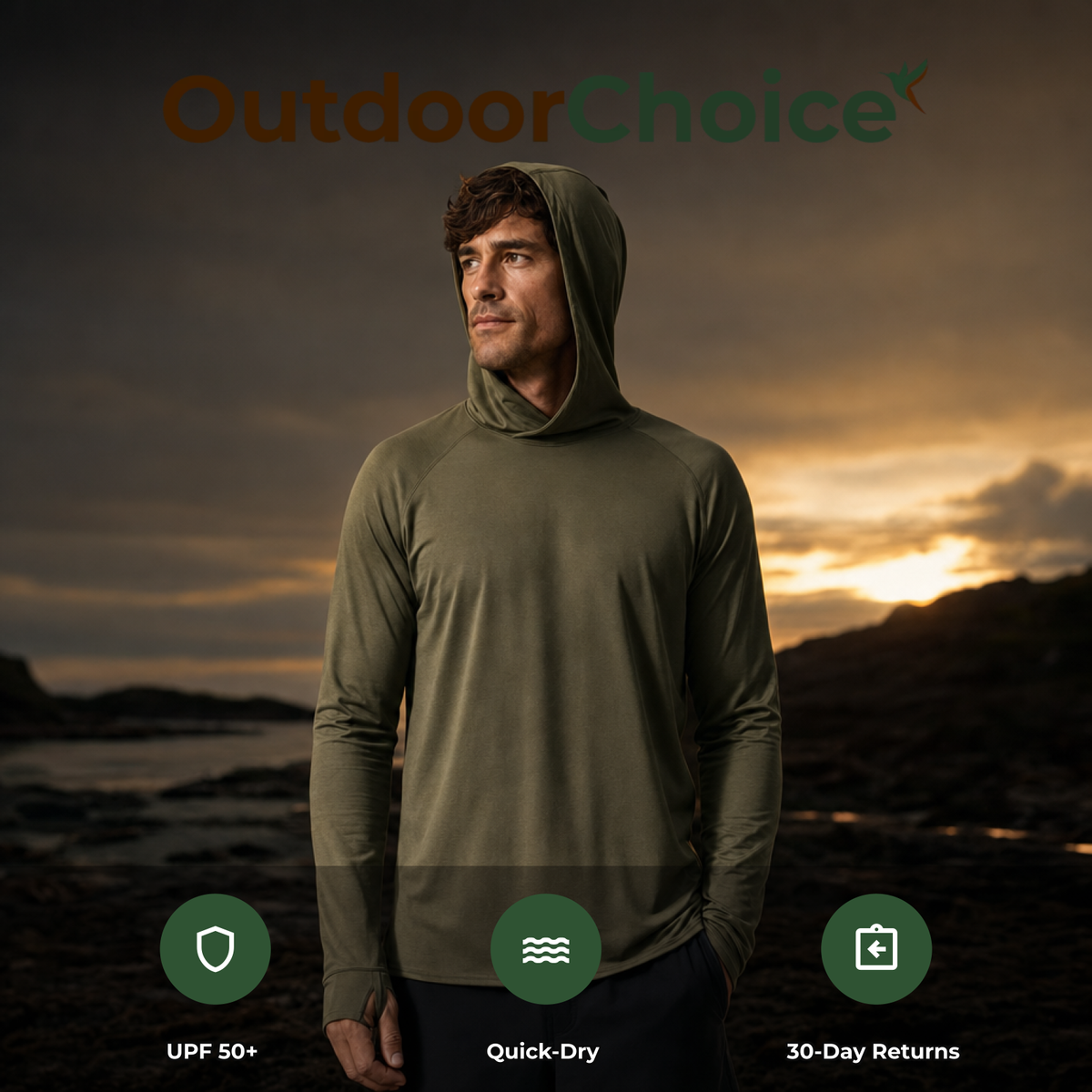 OutdoorChoice quality badges UPF 50+, Quick-Dry, 30-Day Returns