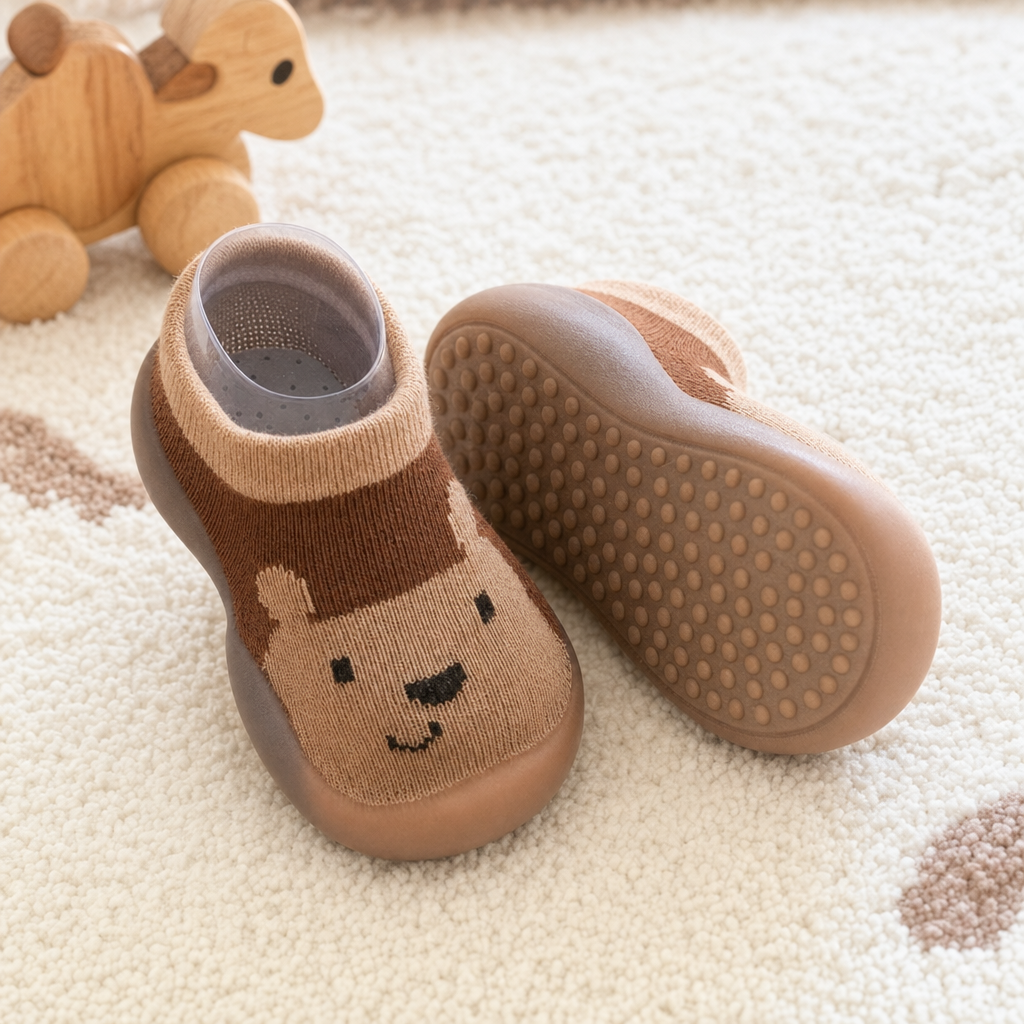 Cubbo baby barefoot shoes close-up showing flexible non-slip grip sole and soft knit upper