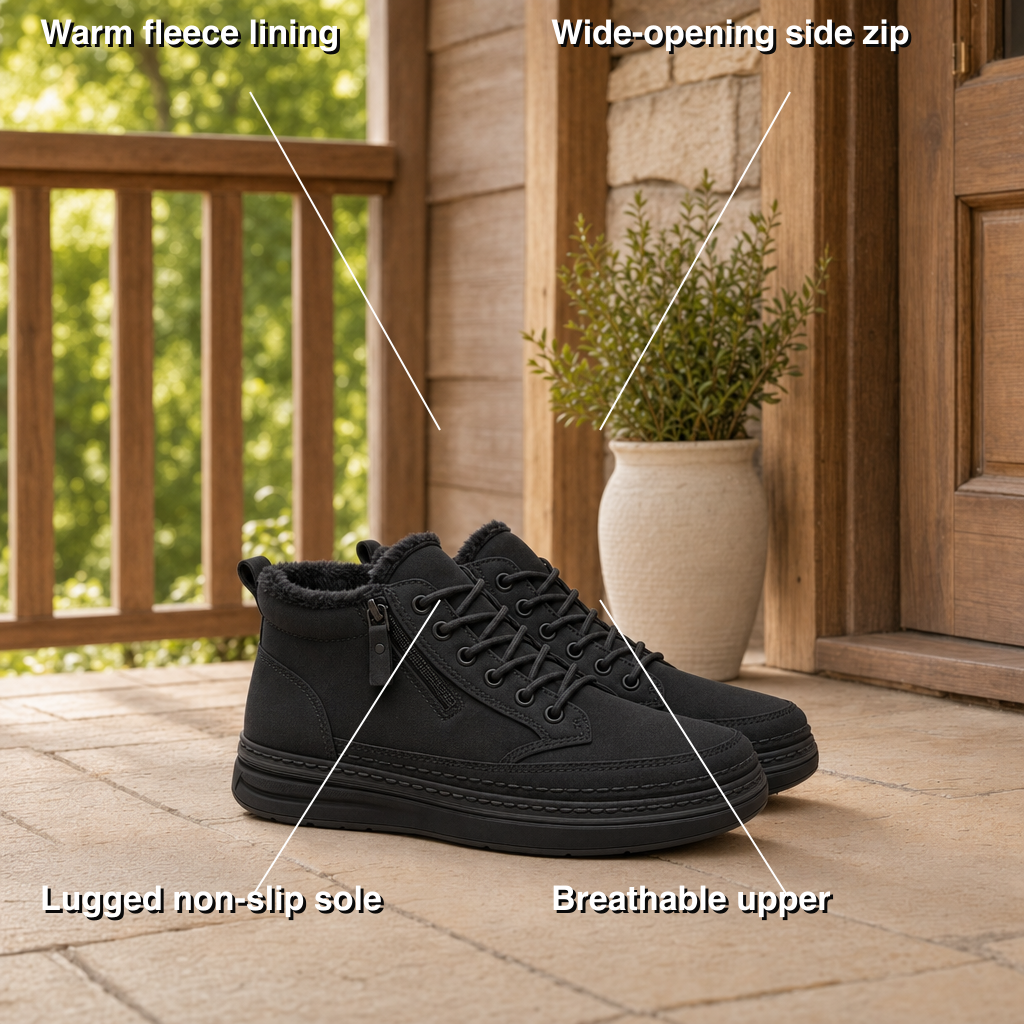 Wintra key features: fleece lining, side zip, lugged sole, breathable upper
