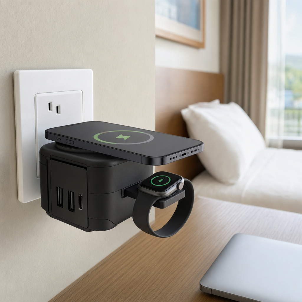 Voltara charger plugged in charging a phone on its wireless pad in a hotel room