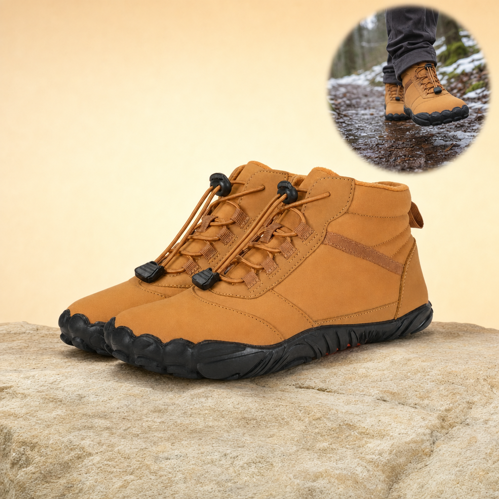 Wandora barefoot winter boots Mountain Brown on sandstone with in-use inset