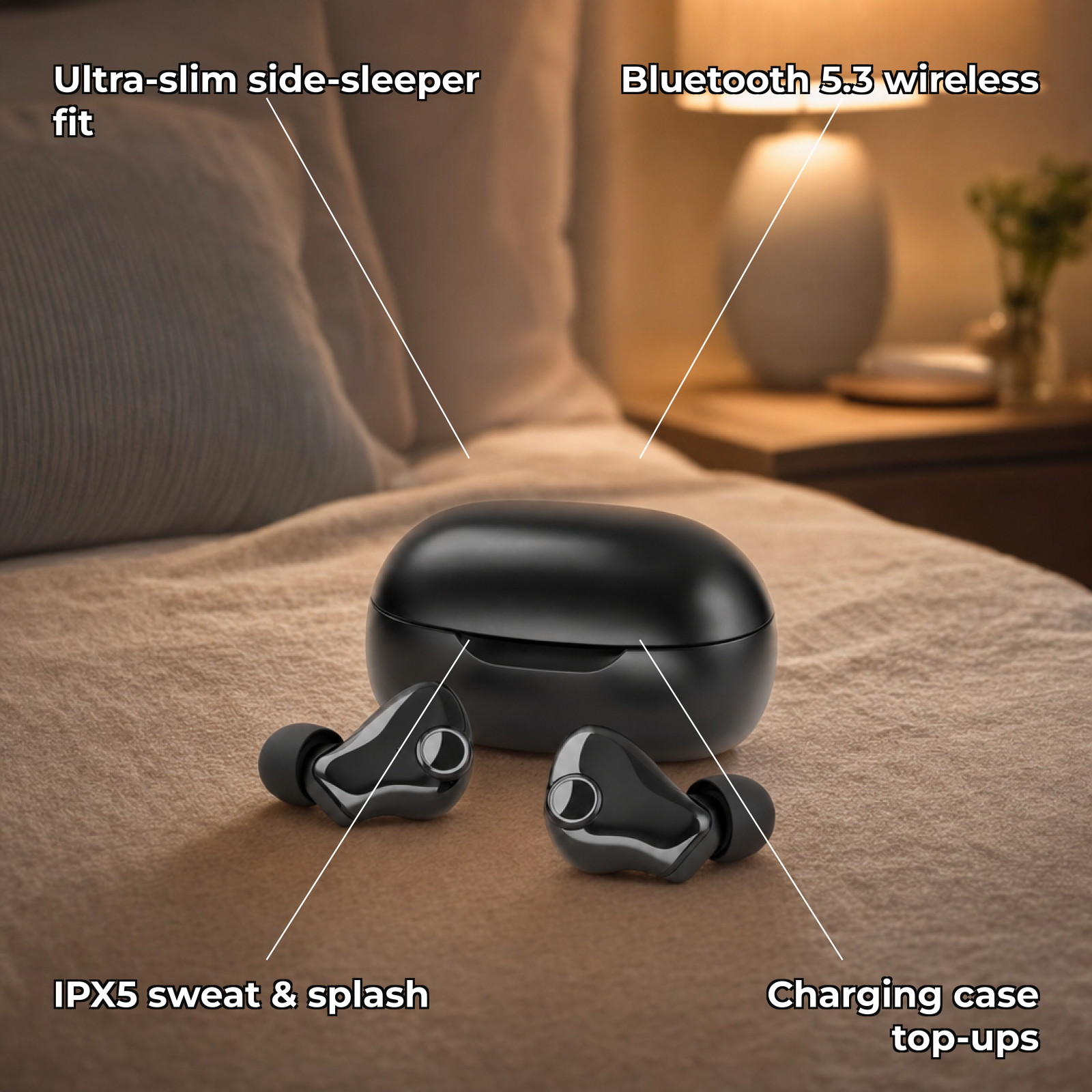 Somnora features card - side-sleeper fit, Bluetooth 5.3, IPX5, charging case
