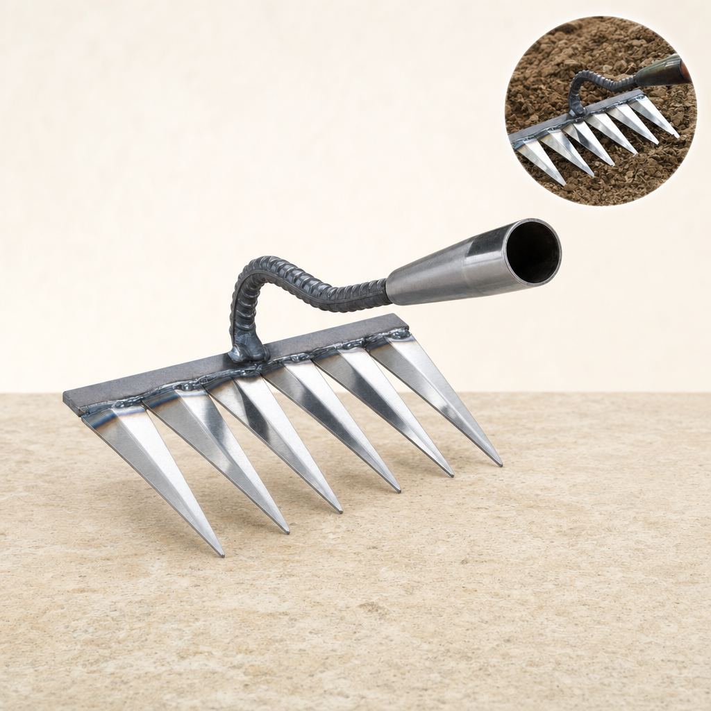 Tinora garden rake shown in use weeding a flower bed