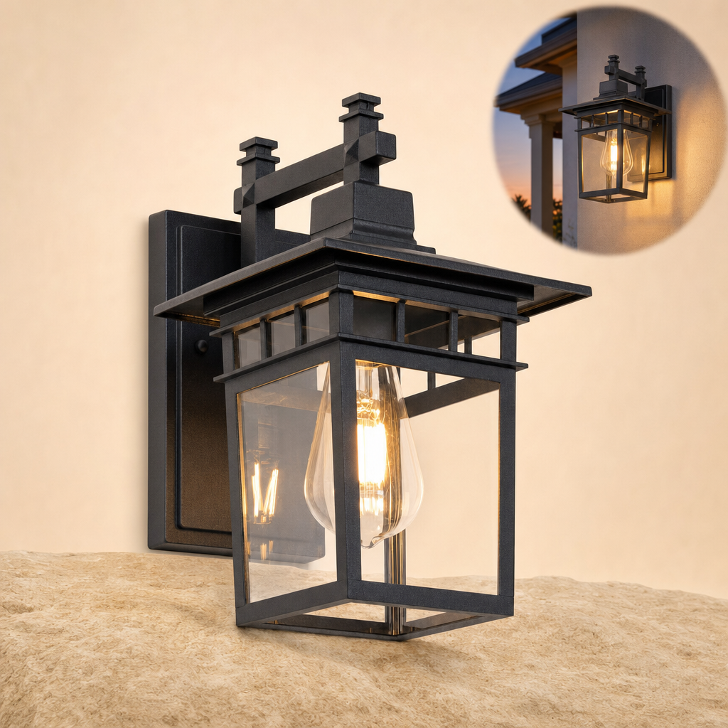 Lumira wall lantern on sandstone with in-use inset
