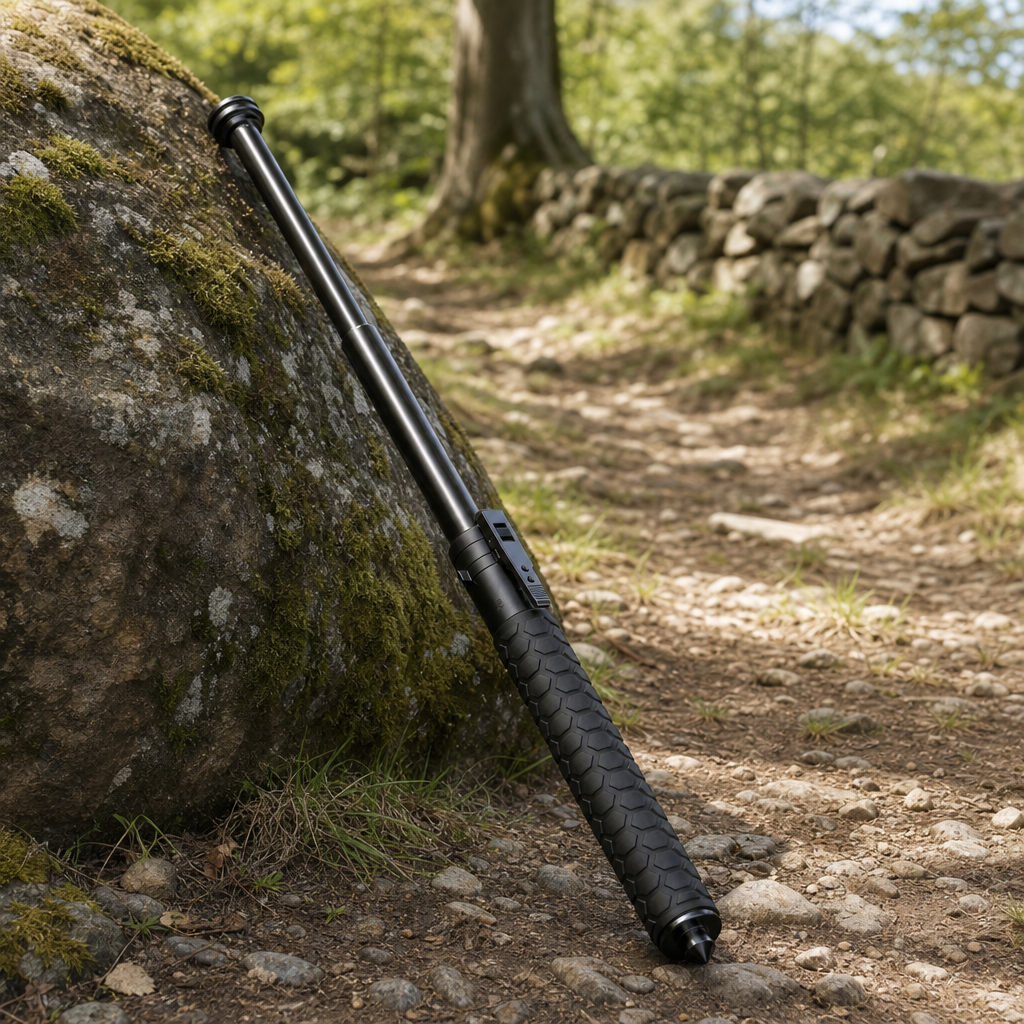 Trekova walking stick leaning on rock on woodland trail