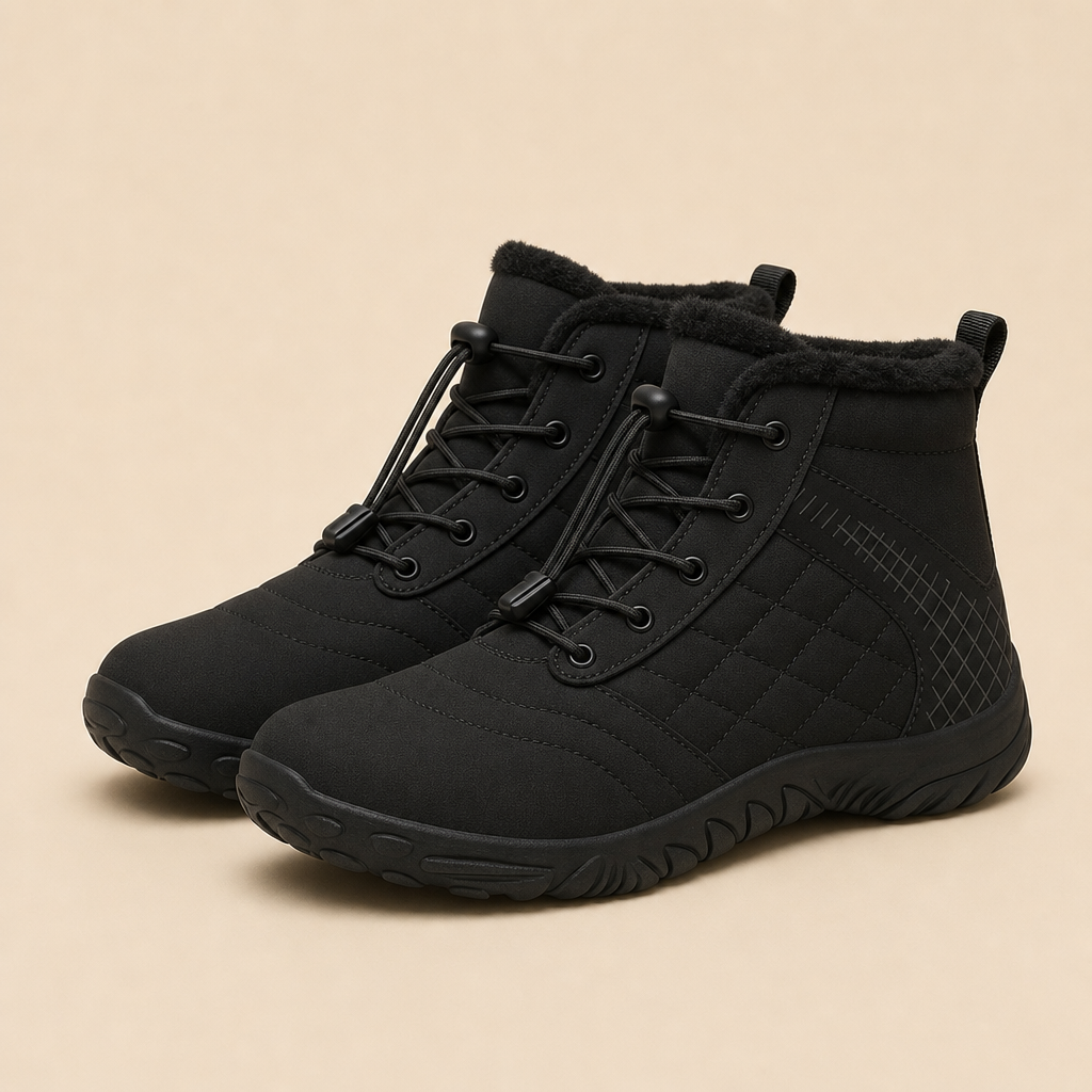 Glacix winter barefoot shoes in black, studio product photo