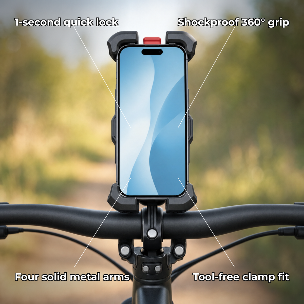Lockora features: 1-second quick lock, shockproof 360 grip, four metal arms, tool-free fit