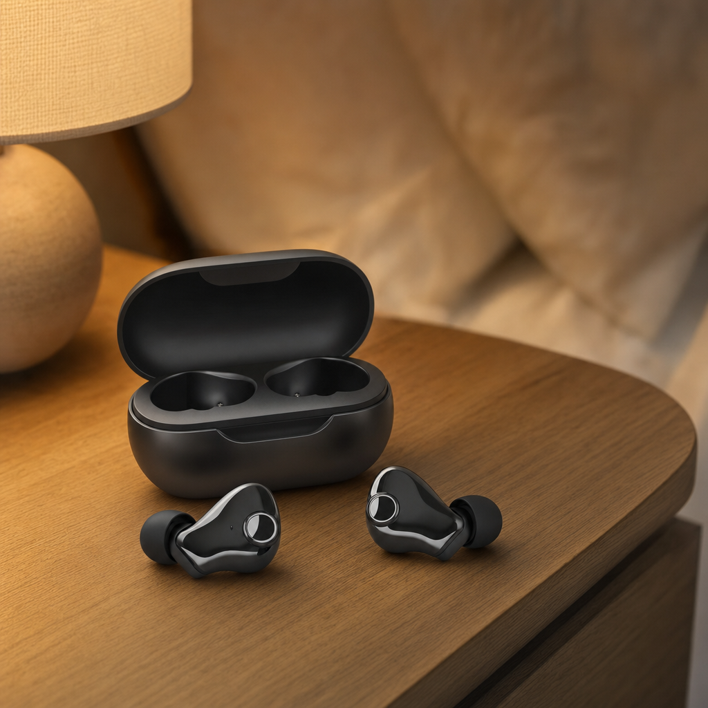 Somnora sleep earbuds in-context close up