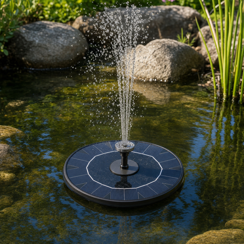 Rippla solar fountain floating and spraying on a pond