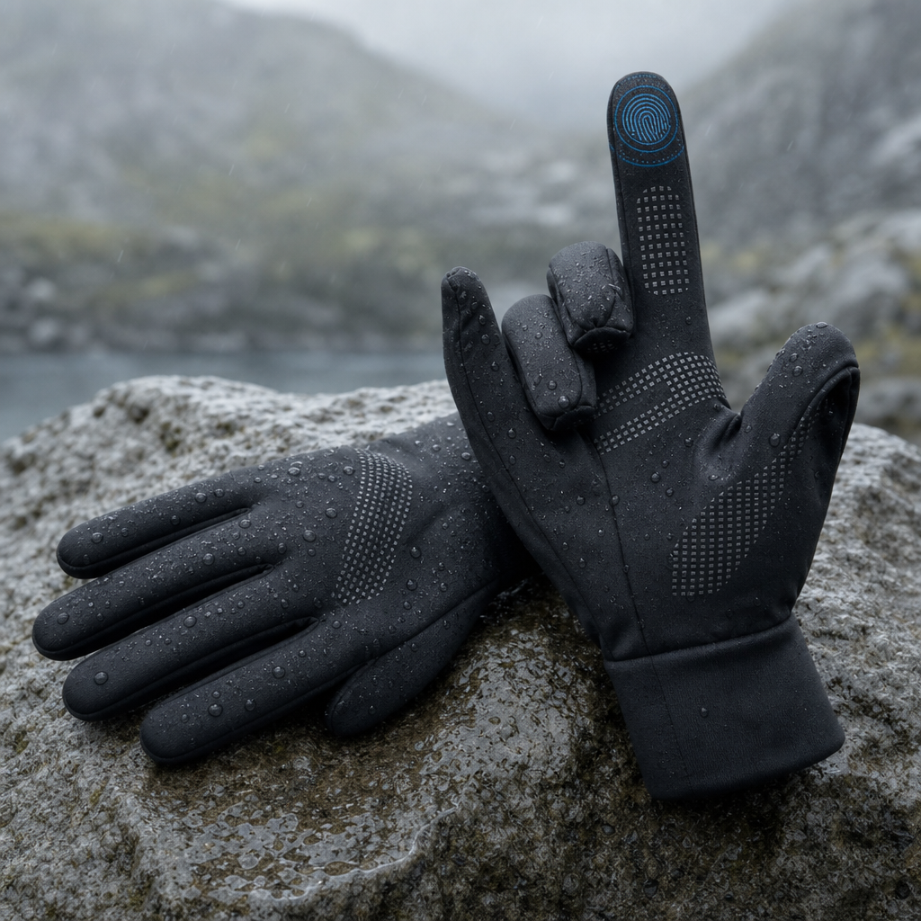 Dryvon gloves resting on a wet rock outdoors