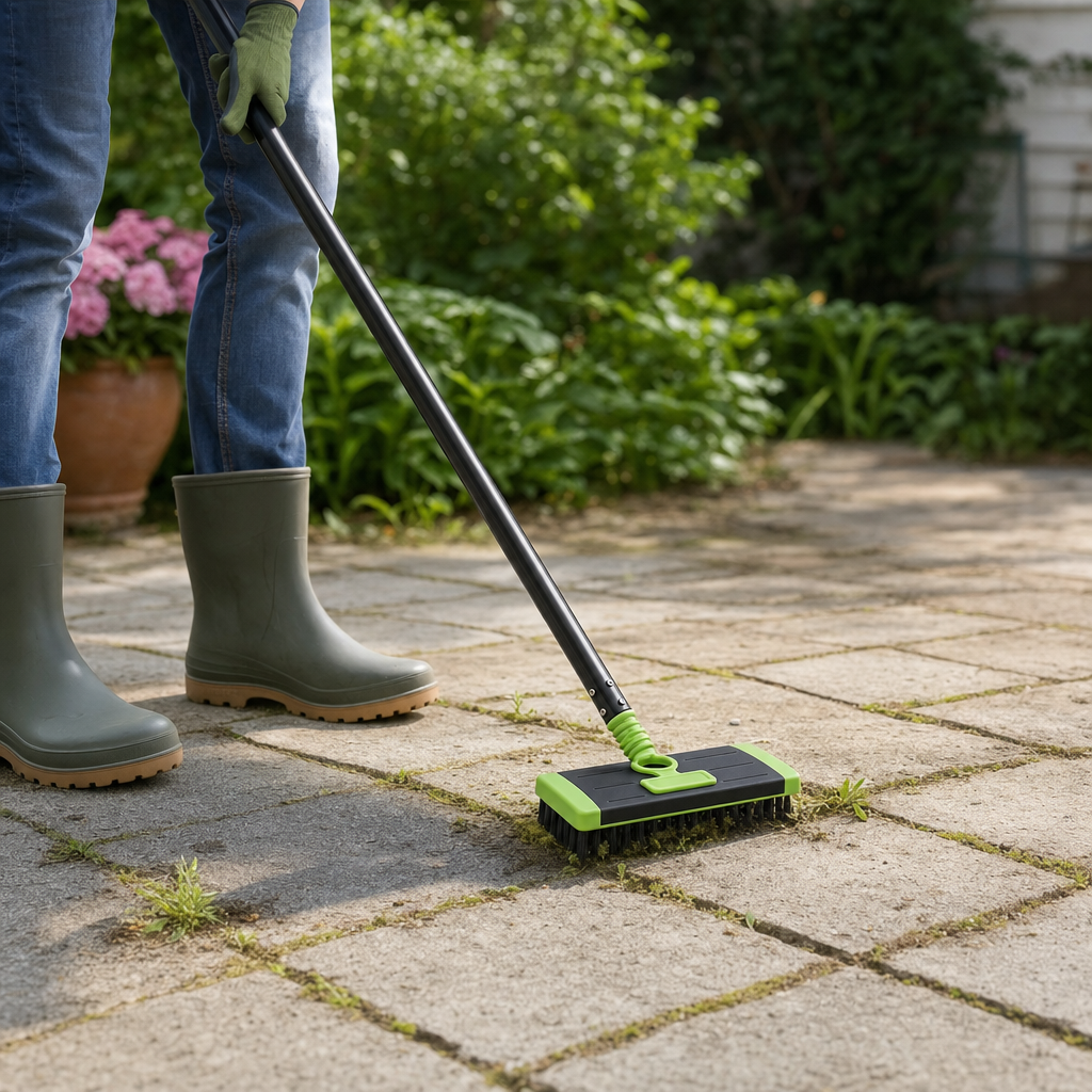 Mossora wire brush clearing patio joints