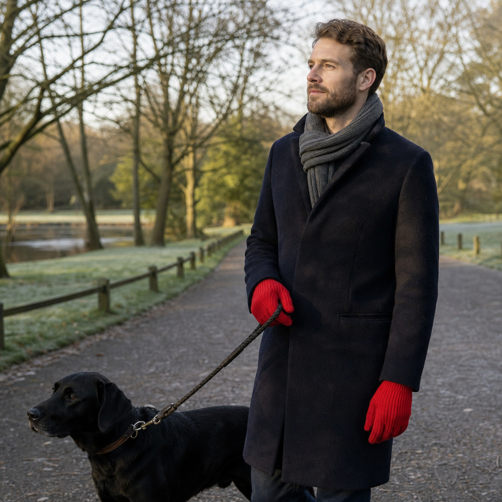 Man walking a dog wearing Tactova wool knit gloves on a frosty path