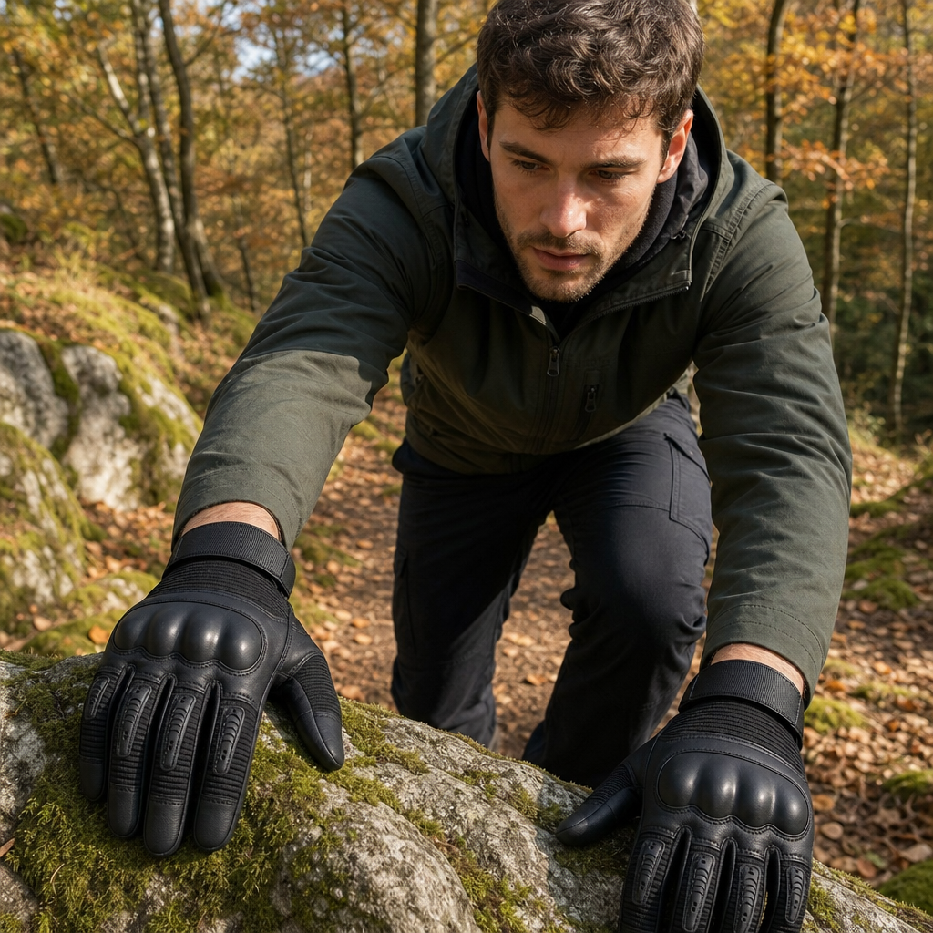 Man wearing Gauntra outdoor gloves on a woodland trail