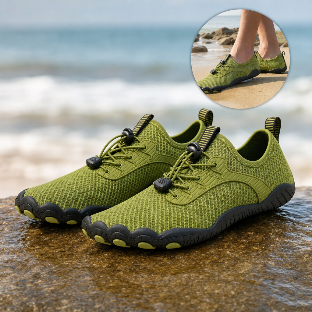 Tidova water shoes on coastal rock with in-use inset