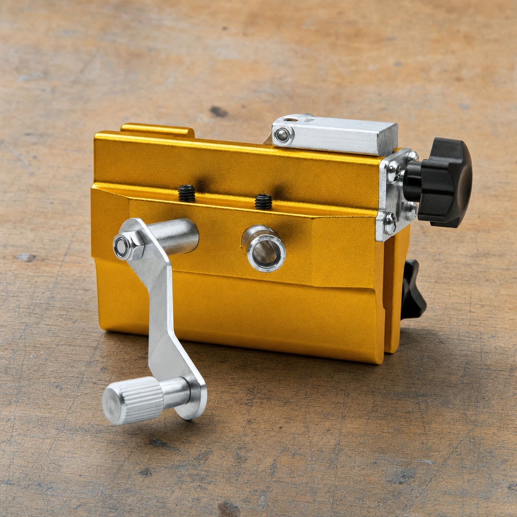 Edgera chainsaw sharpener jig close-up showing crank and 30-degree guide