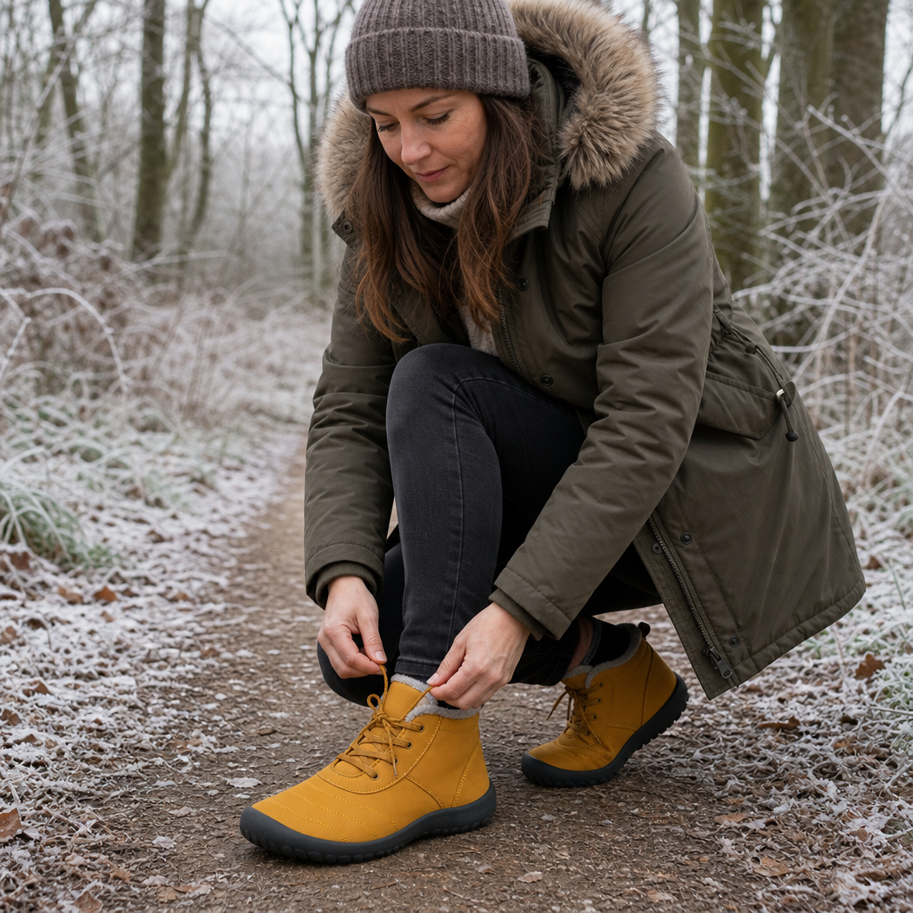 Woman lacing Boreva barefoot winter shoes on a frosty woodland path