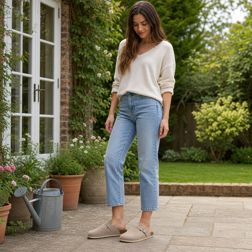 Woman wearing Suedova taupe suede clogs on a garden patio