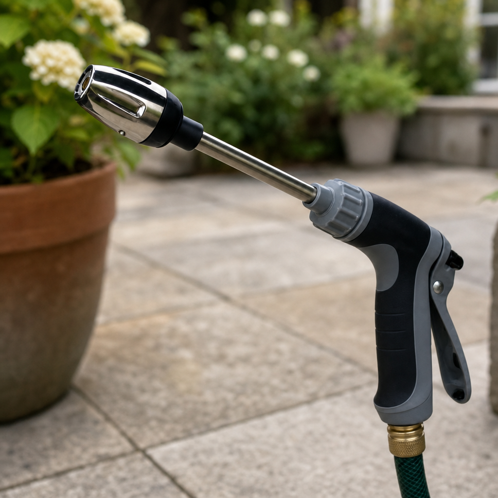 Jetora hose spray gun connected to a garden hose