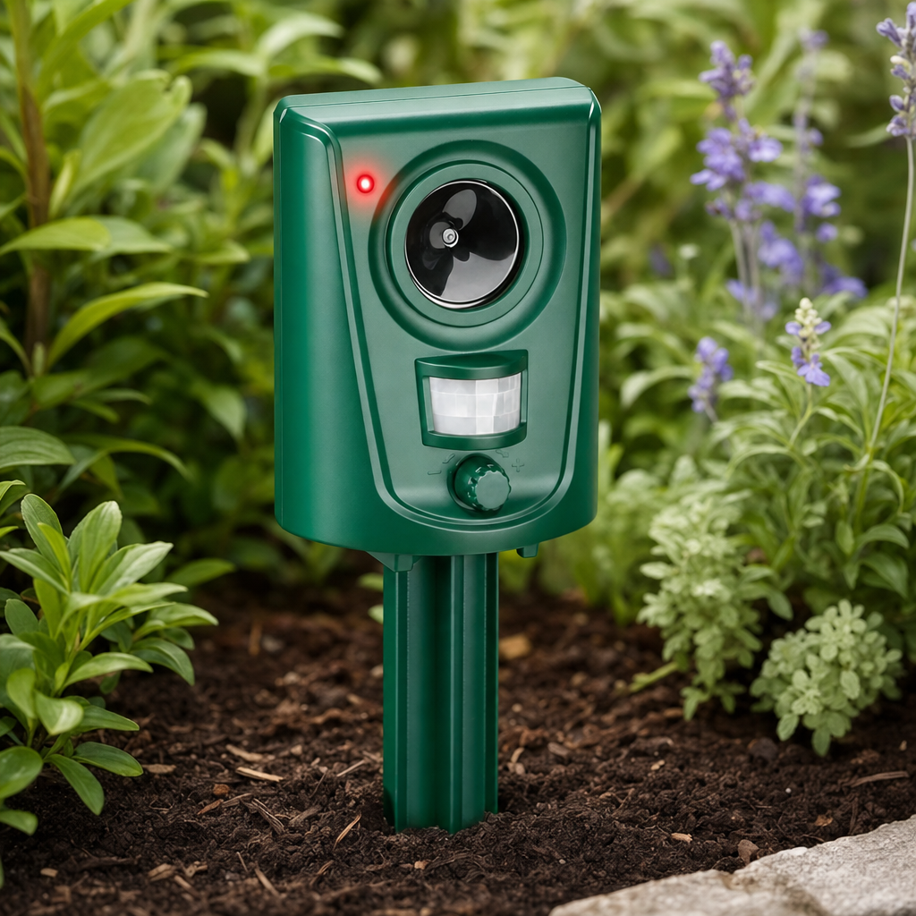 Felora cat repeller close-up in a flower bed