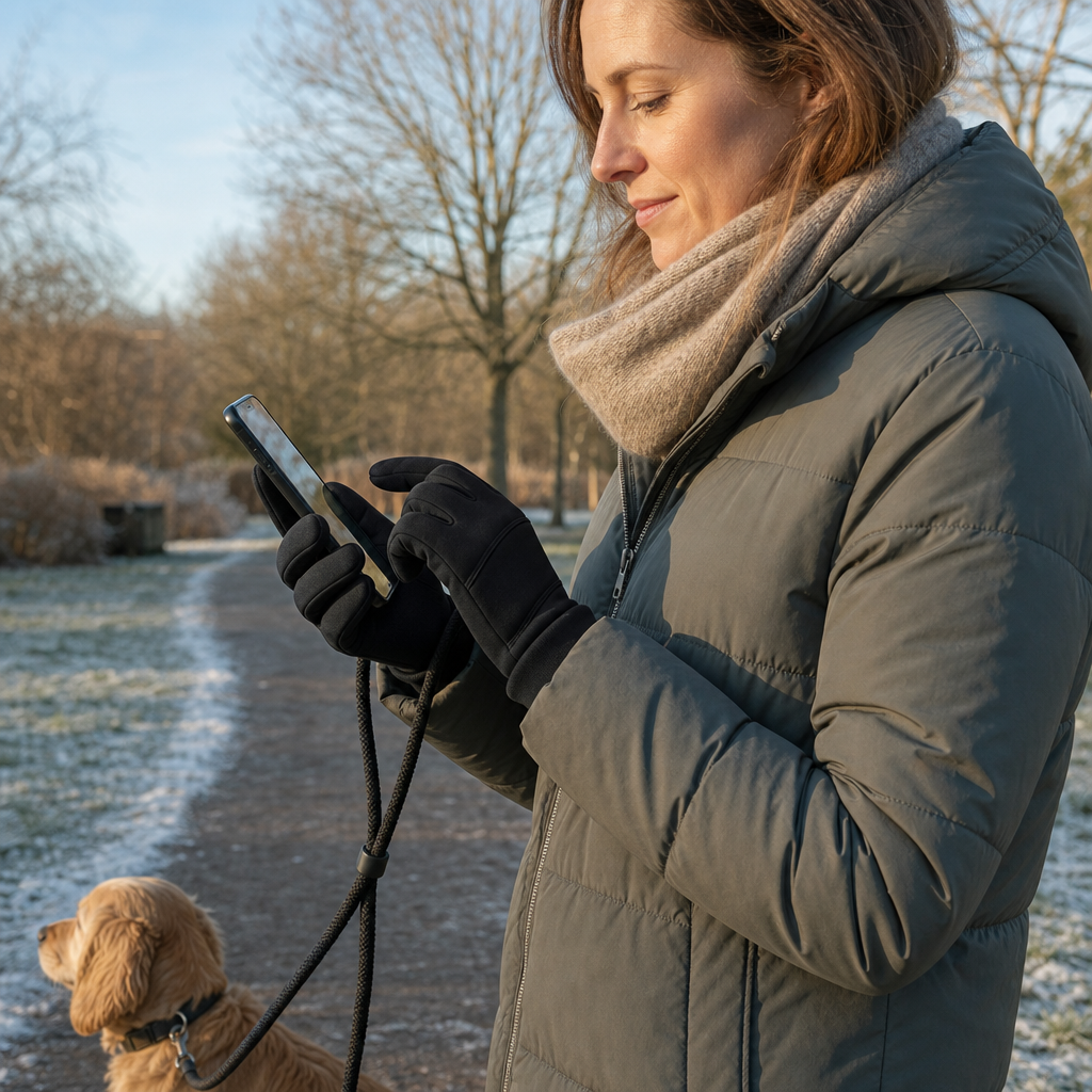 Woman using a phone with Calidra thermal gloves on a winter walk