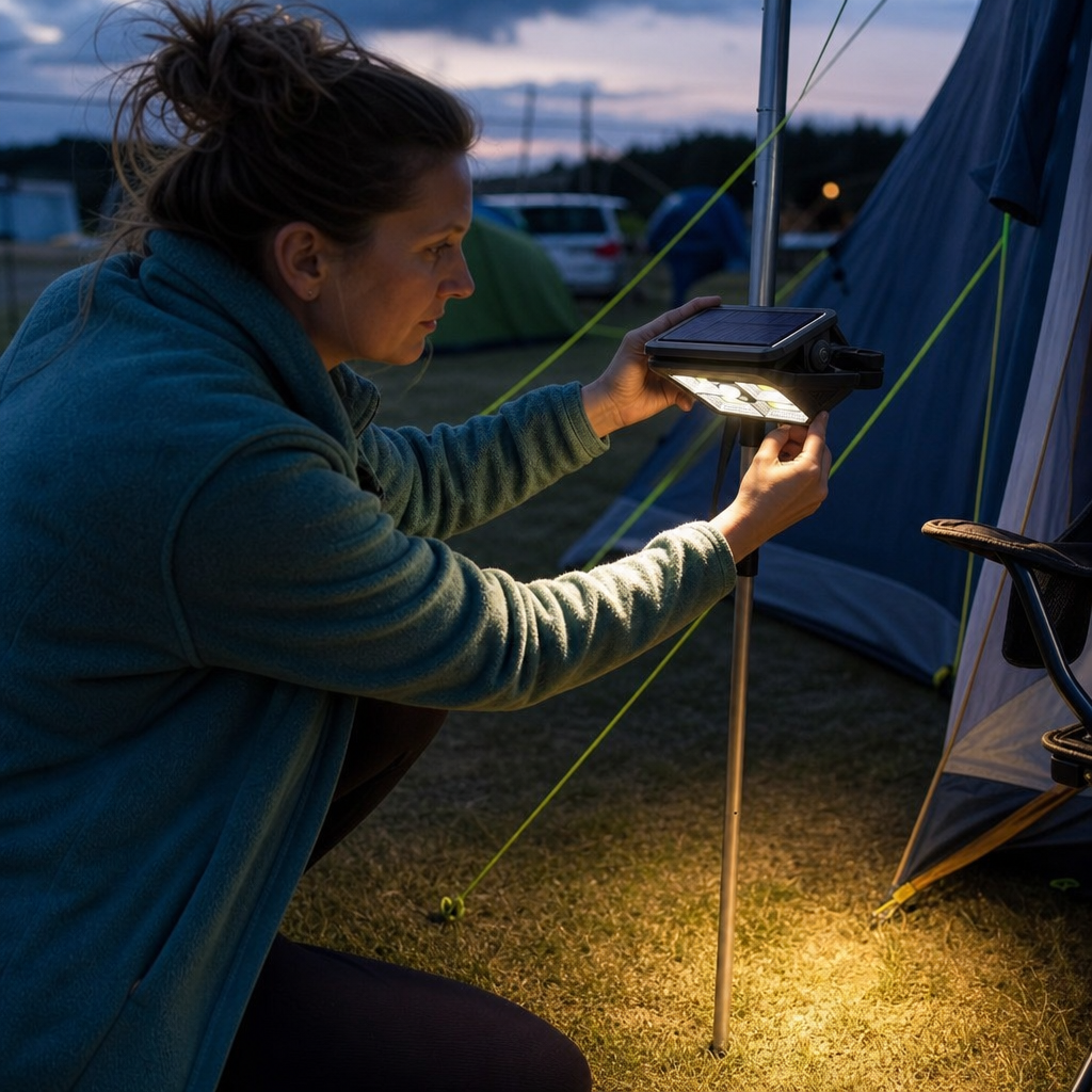 Lumova solar clip light on a tent pole at a campsite