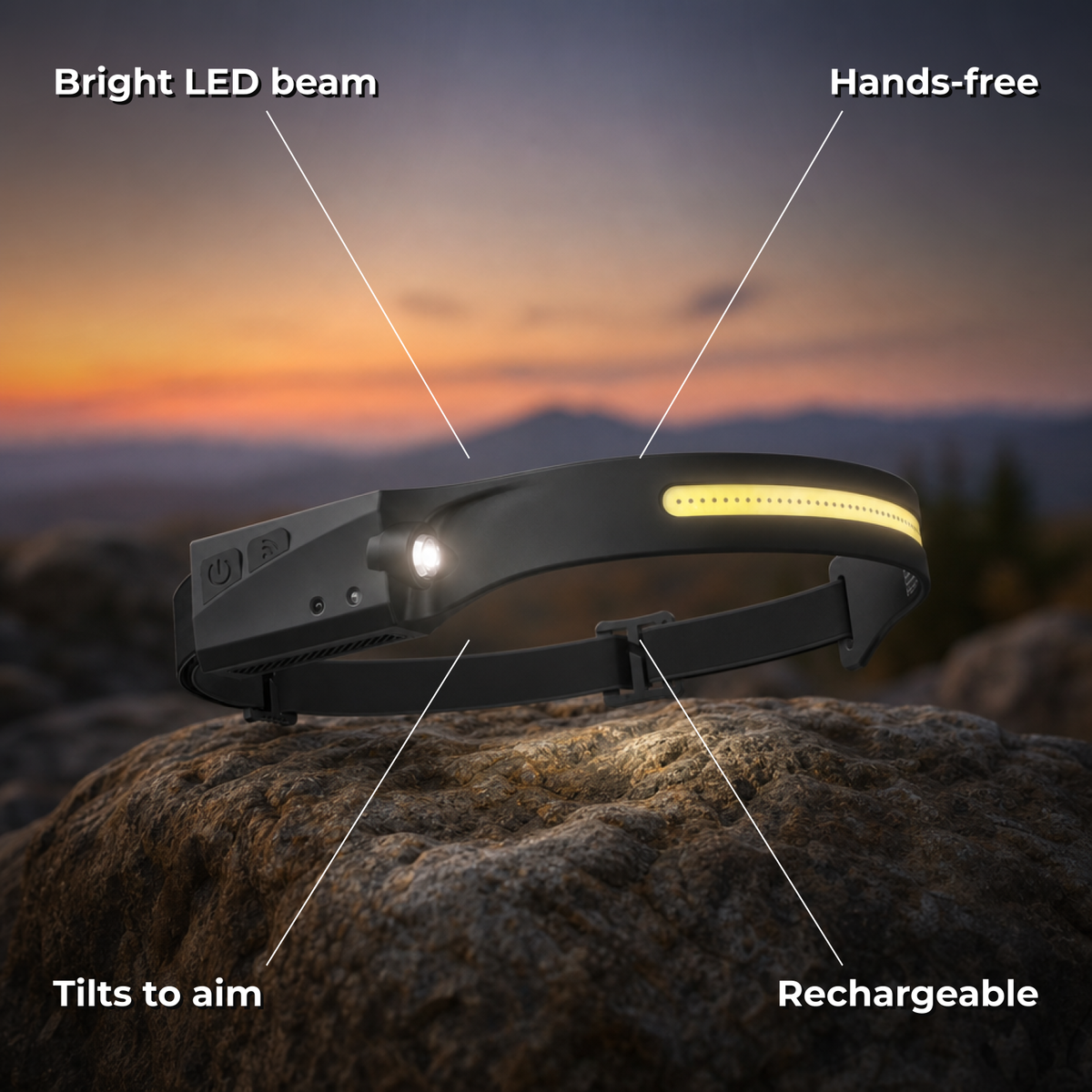 Lumora headlamp features: bright LED beam, hands-free, tilts to aim, rechargeable