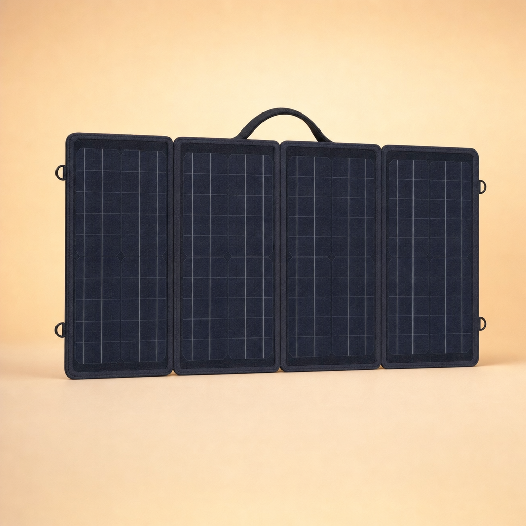 Solvix 100W foldable solar panel folded into its slim briefcase form with carry handle