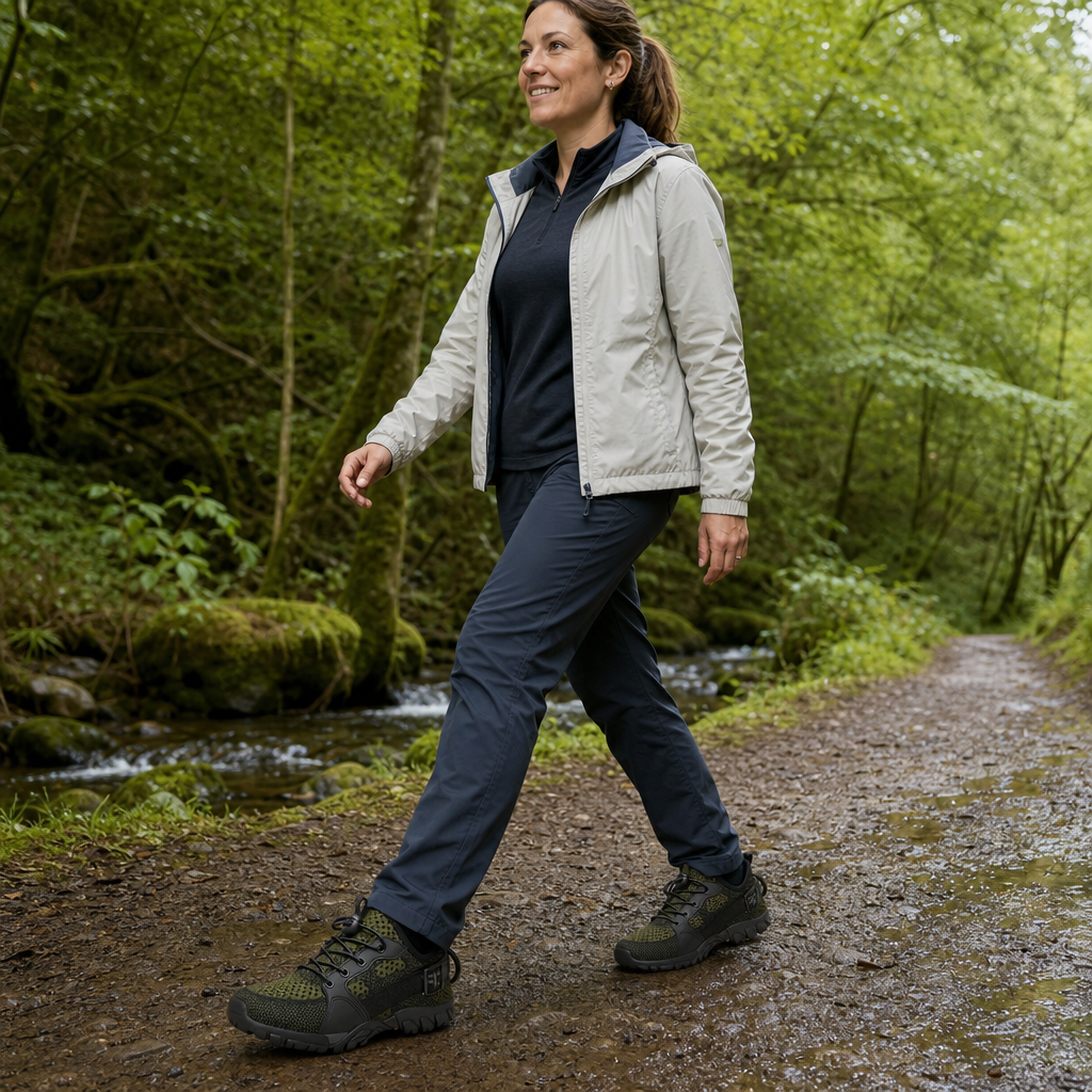 Ambleva walking shoes worn on a woodland trail