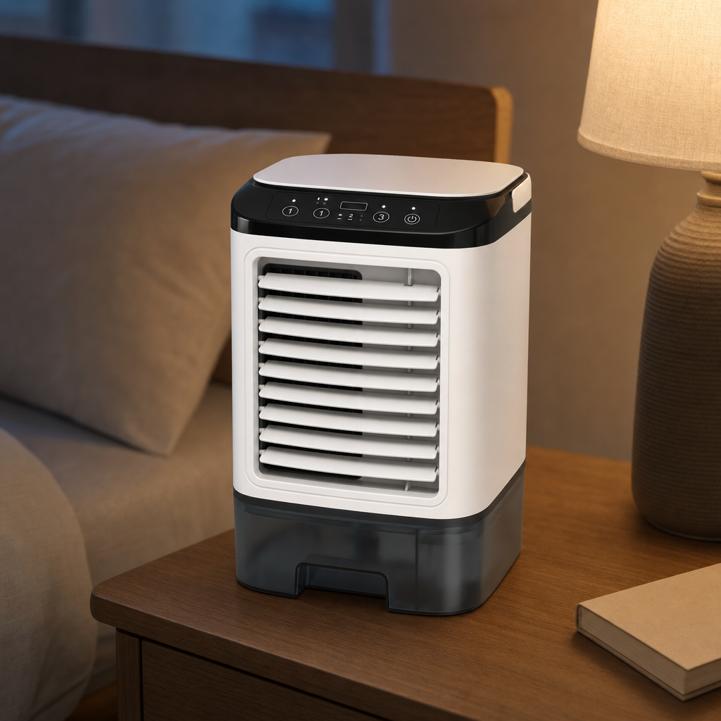Brezora air cooler on a bedroom nightstand