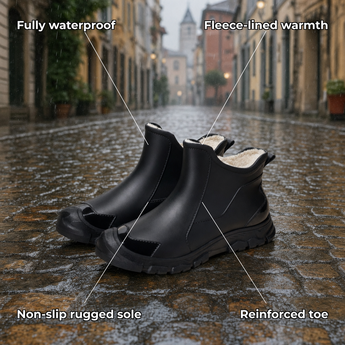 Fenwade features: waterproof, fleece-lined, non-slip, reinforced toe