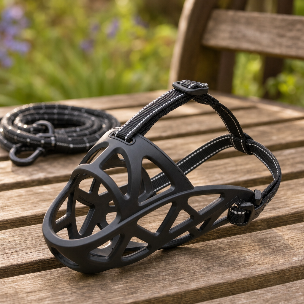 Snoutra muzzle close-up on a garden bench
