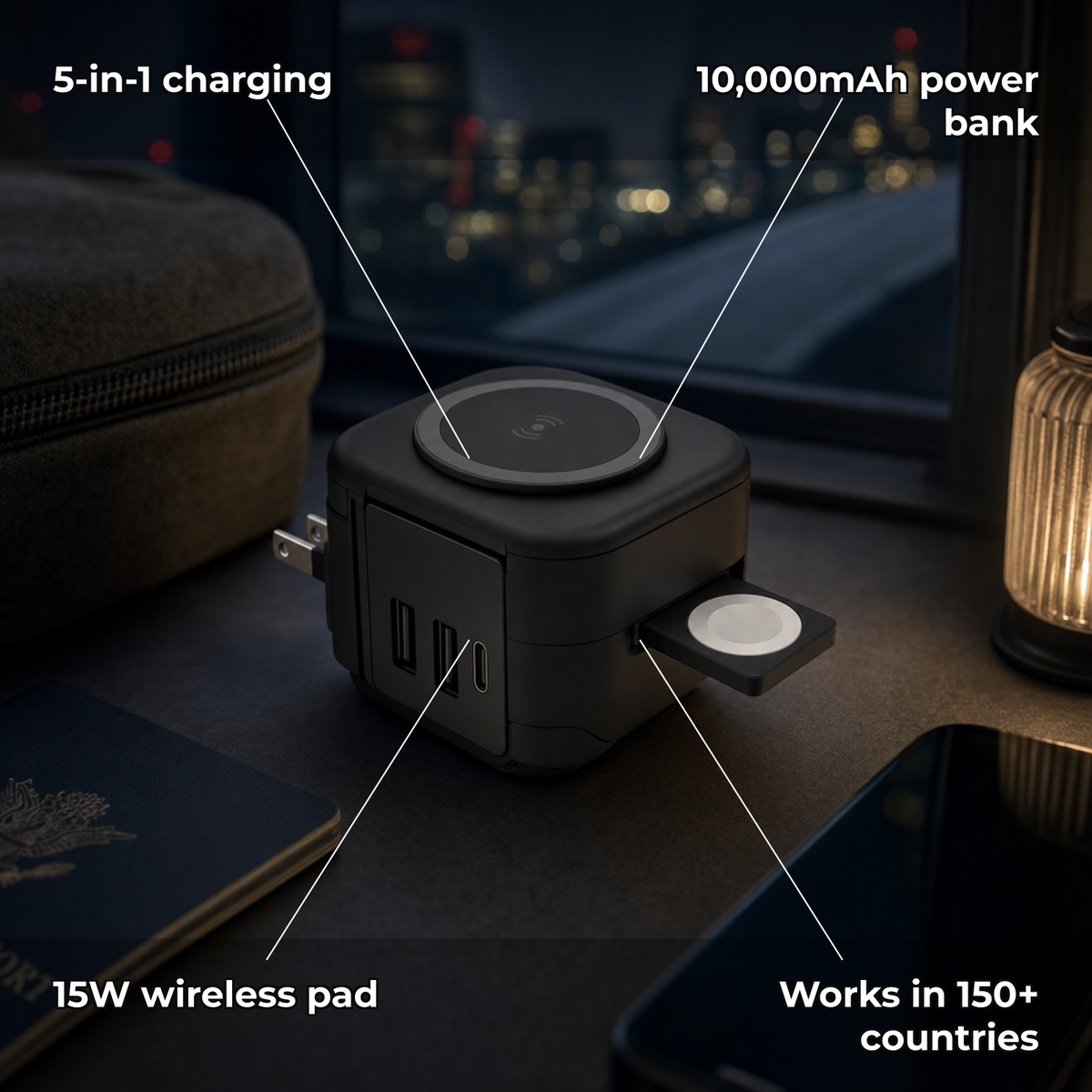 Voltara key features: 5-in-1 charging, 10,000mAh power bank, 15W wireless pad, 150+ countries