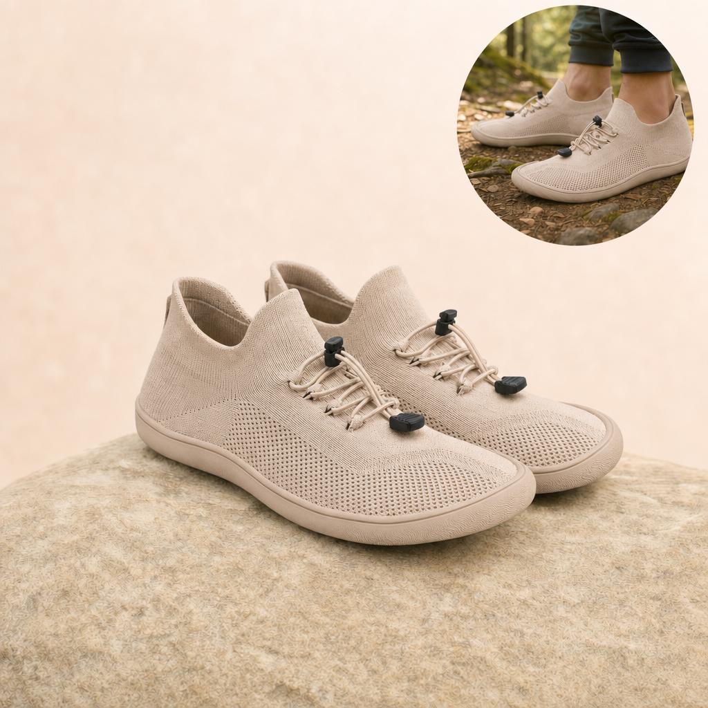 Strova barefoot walking shoes – Beige on sandstone with in-use inset