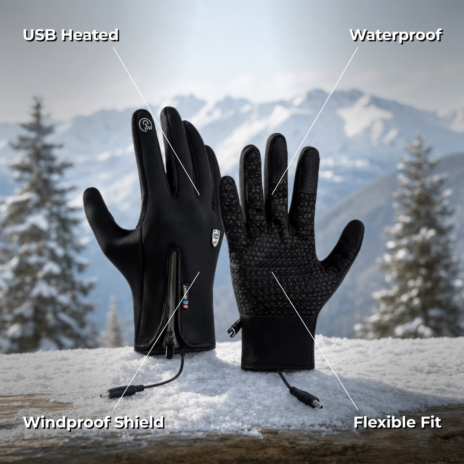 Thermara gloves key features: USB heated, waterproof, windproof shield, flexible fit