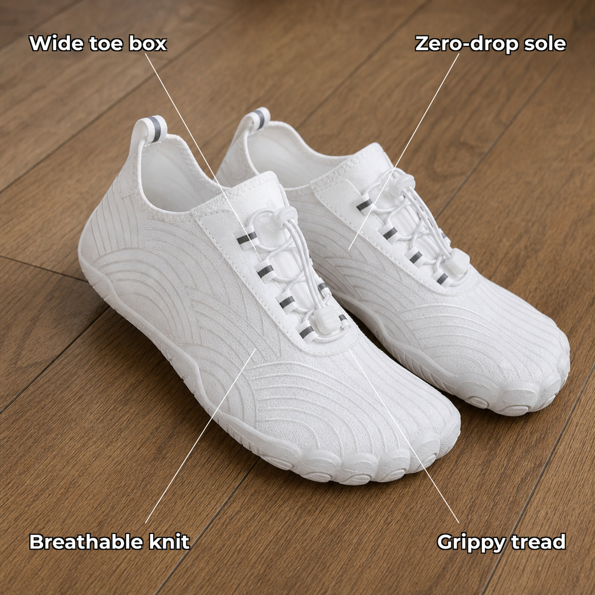 Nubora features: wide toe box, zero-drop sole, breathable knit, grippy tread