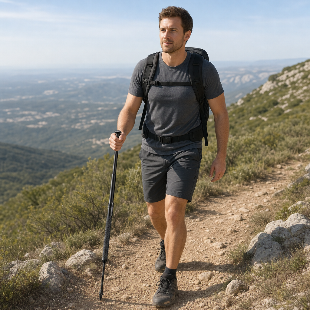 Walker using Trekova walking stick on hillside trail