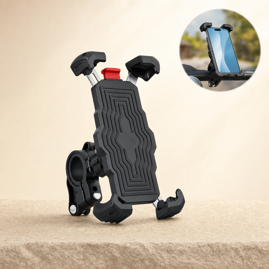 Lockora bike phone mount on sandstone ledge with in-use inset