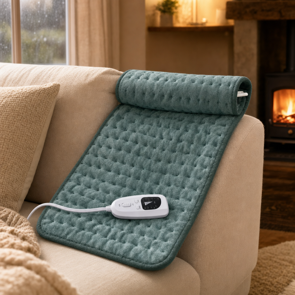 Glowra heating pad draped over a cosy sofa