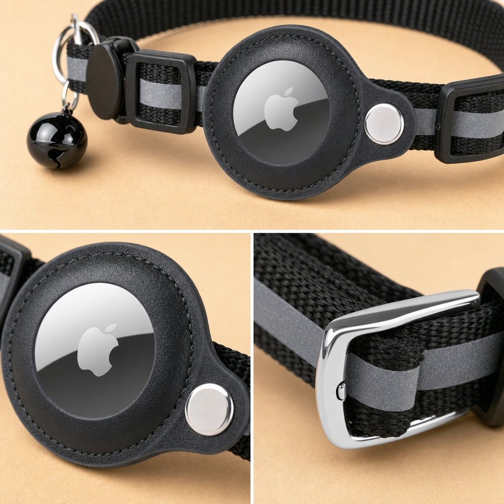 Trakova collar detail - tracker holder, buckle and reflective stitching