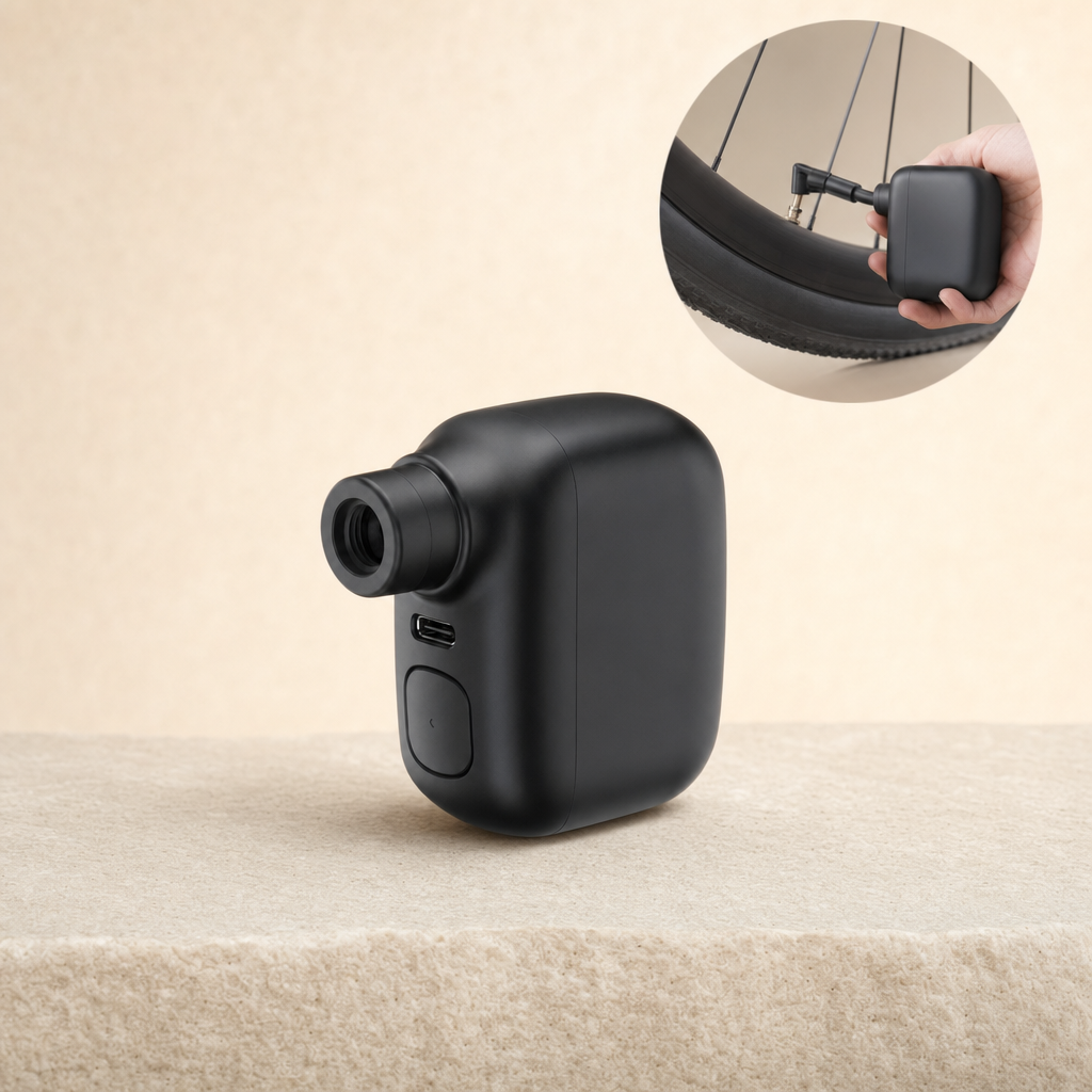 Airora mini bike pump on a sandstone ledge with a product-in-use inset