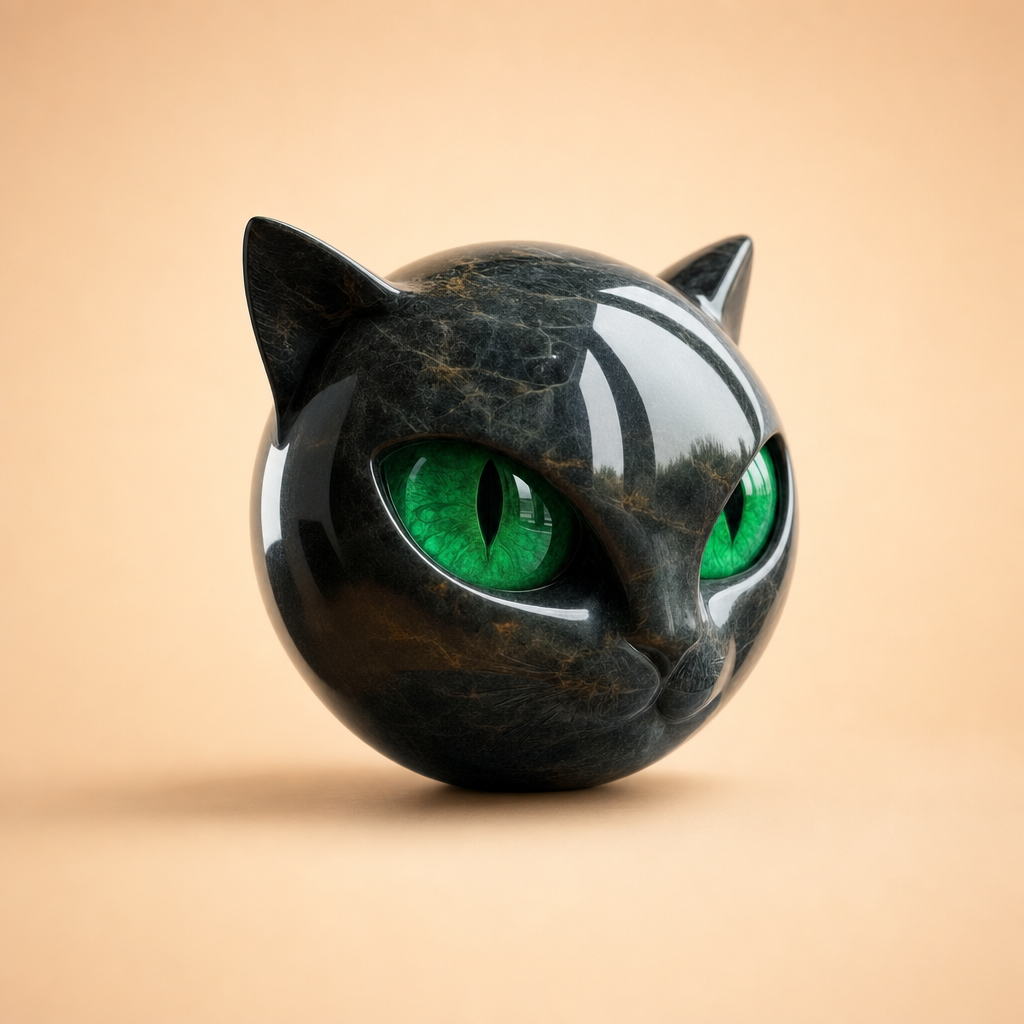 Feluna black cat head sculpture with green hypnotic eyes