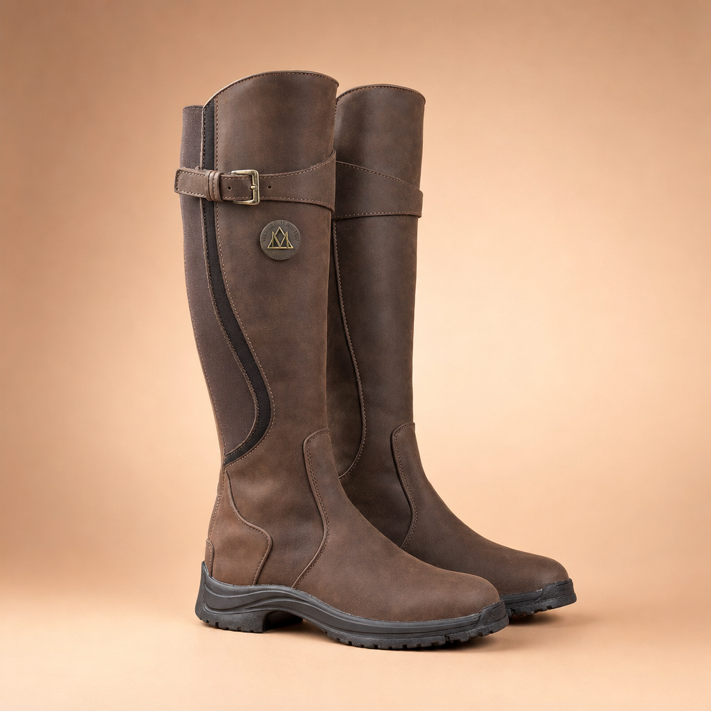 Frostride waterproof winter riding boots - dark brown pair on studio backdrop