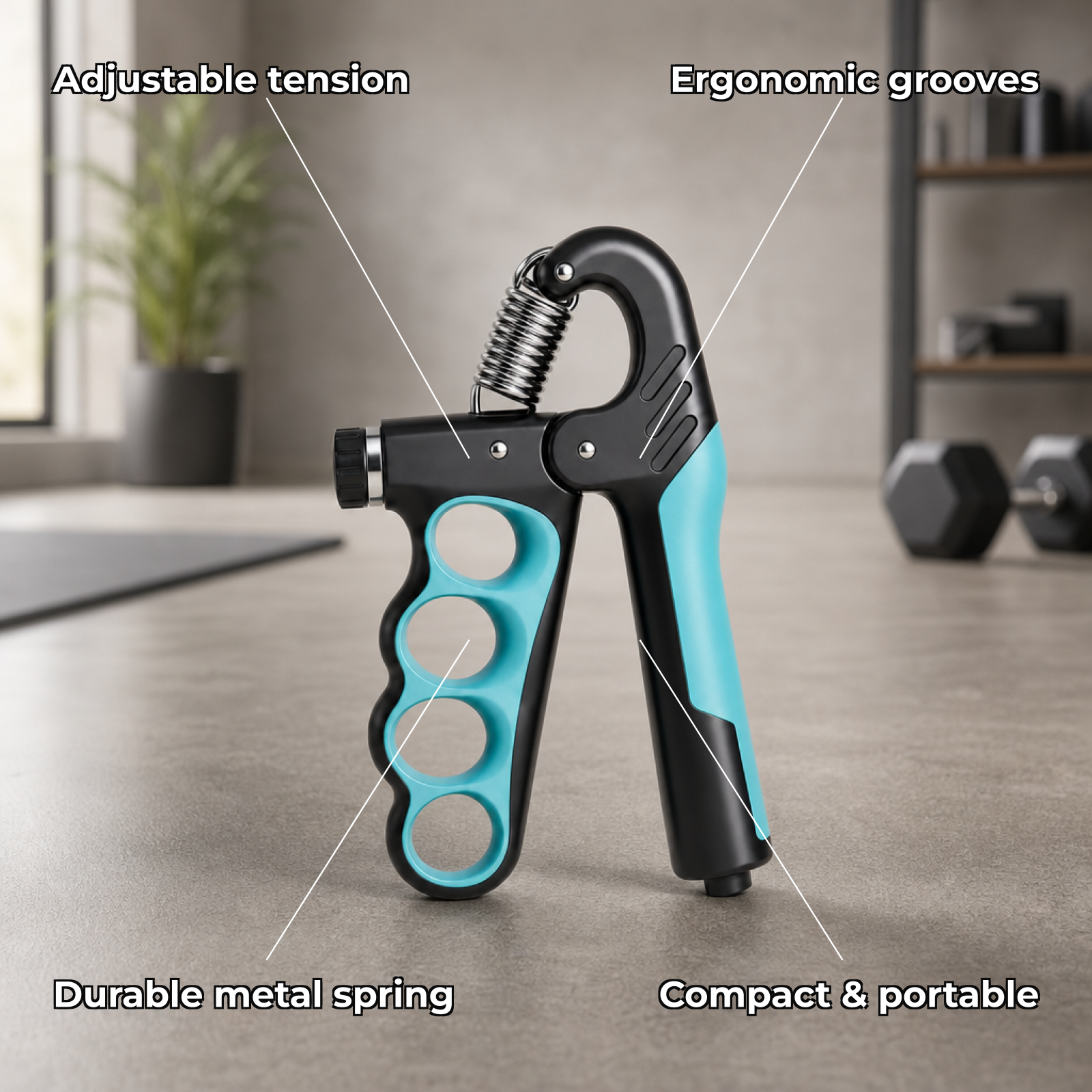 Torqora features: adjustable tension, ergonomic grooves, durable metal spring, compact and portable