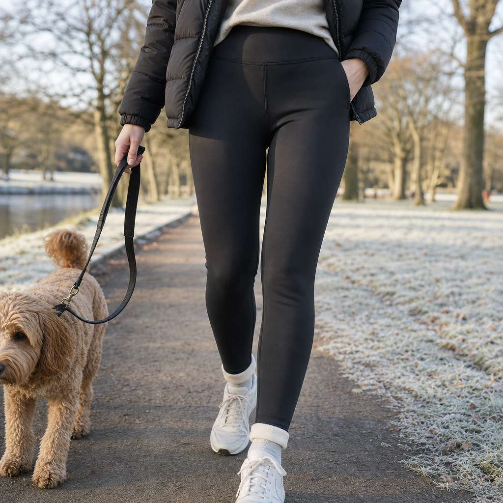 Woman walking a dog wearing Cosyra thermal leggings