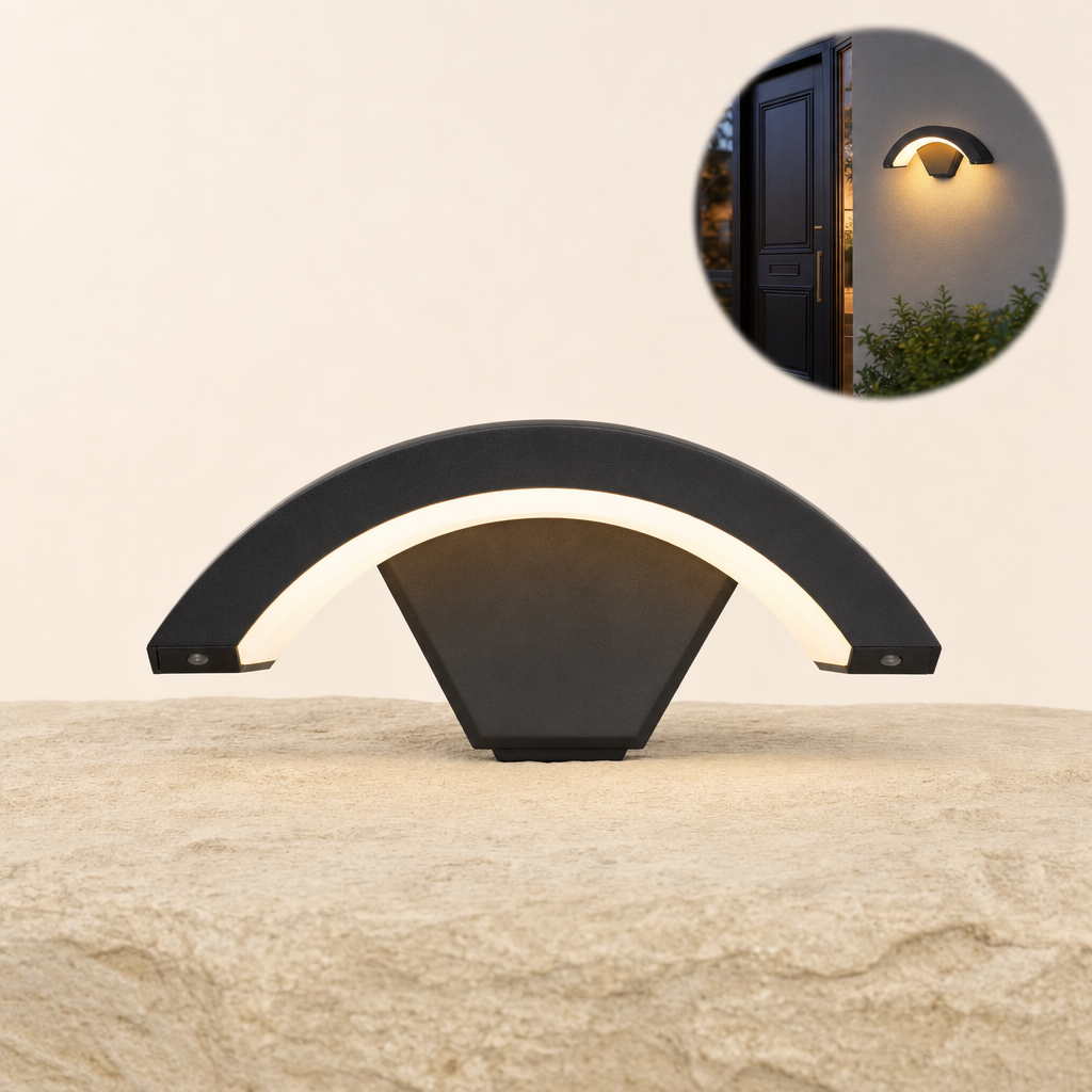 Sensora black wall light on sandstone with in-use inset