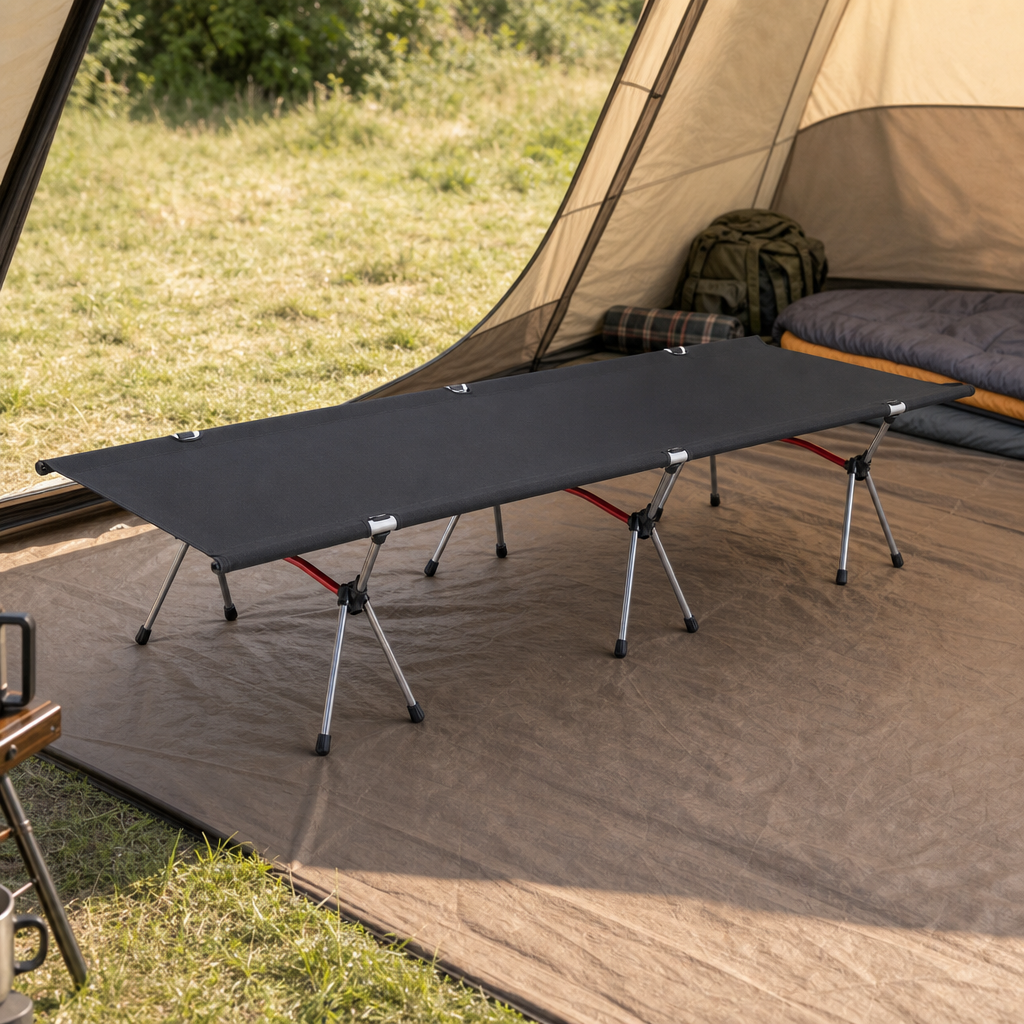 Camplo camp bed set up at a campsite